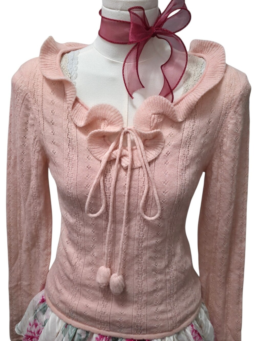 David & Javier exclusive collection coral pink wool blend coquette sweater top - Picture 2 of 6